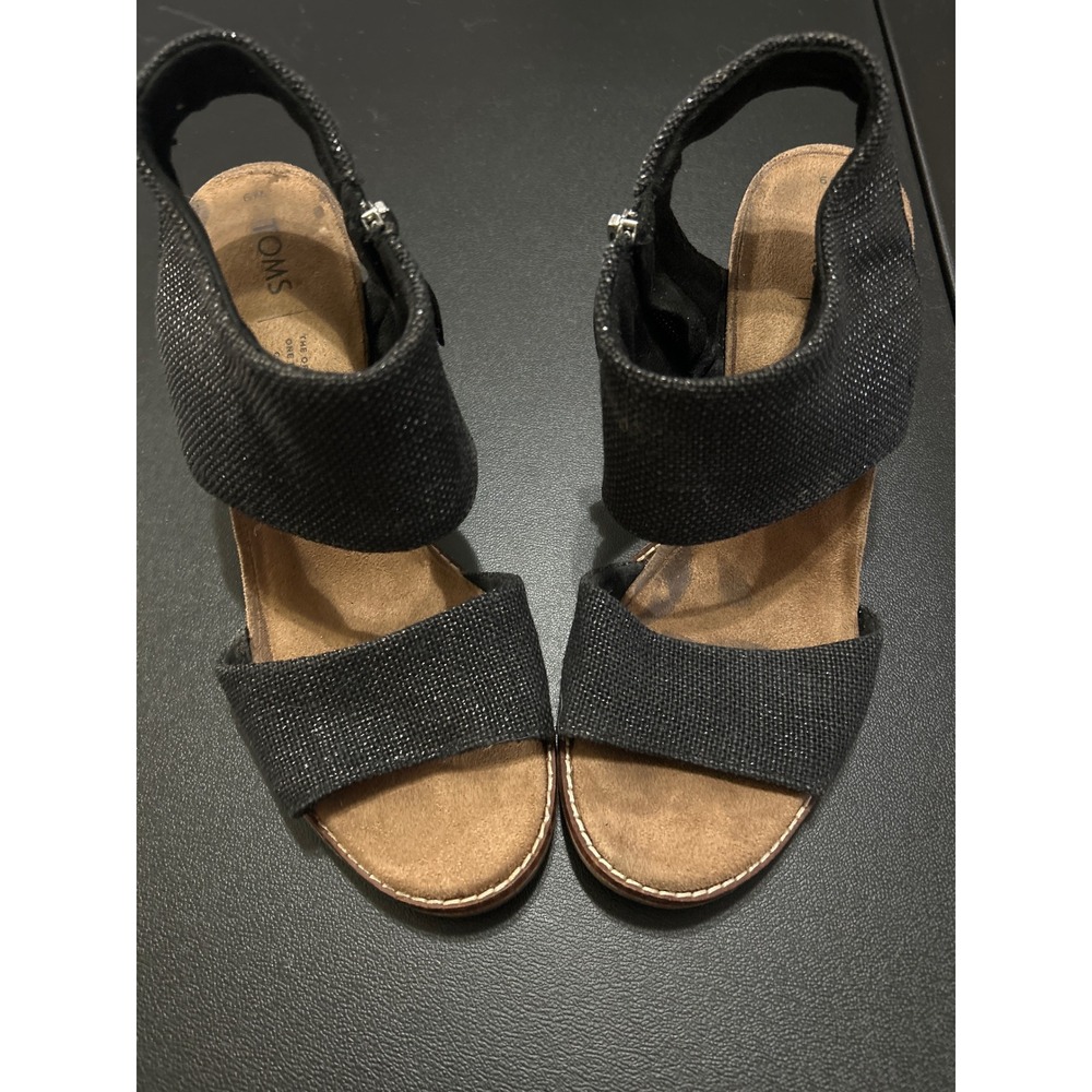 TOMS Black‎ Sparkle Ankle Strap Wedge Heels Sandals Shoes